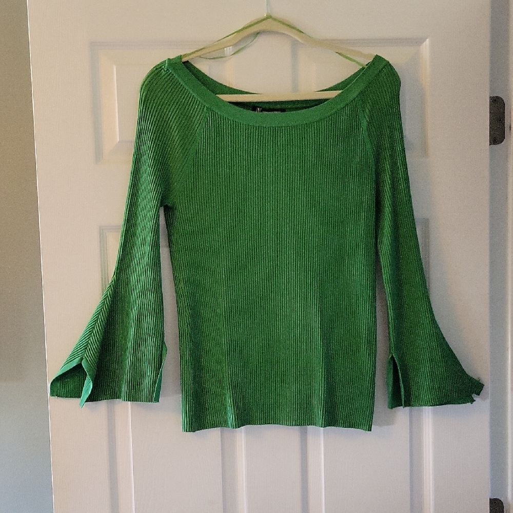 INC International Concepts Green Crew Neck Sweater with Flared Sleeves